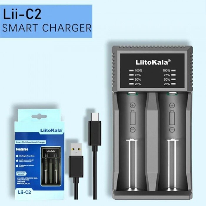 Зарядний пристрій LiitoKala Lii-C2 для Li-Ion, Ni-Mh/Ni-Cd АКБ. Універсальне, USB-C, LED, 2 каналу, Струм 2А від компанії Інтернет-магазин  towershop.online - фото 1