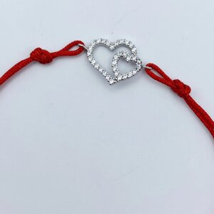 Браслет срібний червона нитка з кубічним цирконієм "Два серця" 0,83 г
