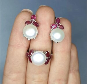 Кільце срібне з перлами та рубіном "Шато" 17,5 3,91 г