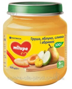 Фруктове Пюре Milupa (Мілупа) Груша, яблуко, слива, абрикос для дітей від шести місяців