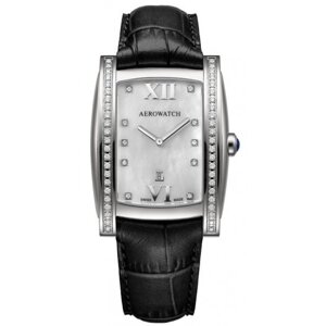 Годинники наручні жіночі Aerowatch 03952 AA01DIA кварцові з діамантами, "бочка", чорний шкіряний ремінець