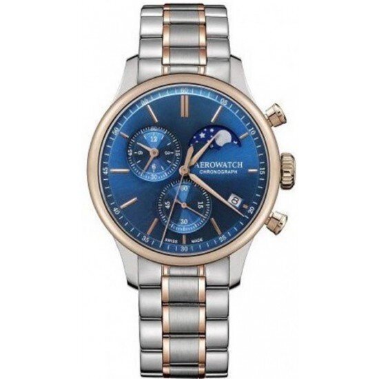 Годинник-хронограф наручні чоловічі Aerowatch 78986 BI04M, кварц, синій циферблат з фазою Місяця, біколорний браслет від компанії "Cronos" поза часом - фото 1