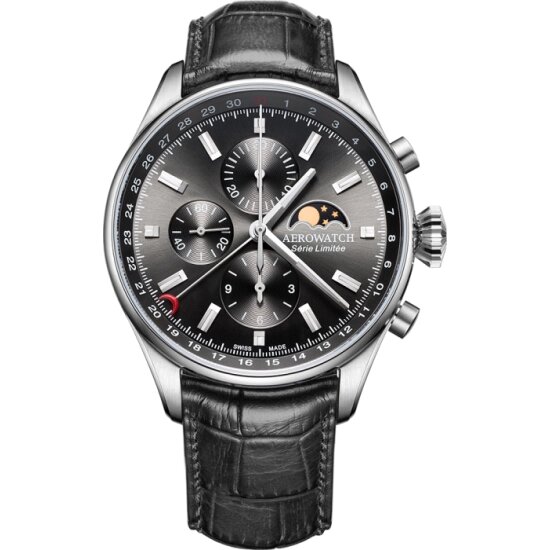 Годинник-хронографія наручні чоловічі Aerowatch 69989 AA02 кварцові з фазою Місяця, чорний шкіряний ремінець від компанії "Cronos" поза часом - фото 1