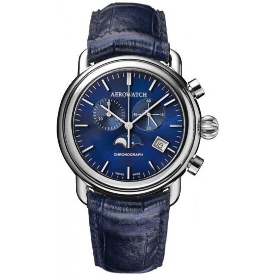 Годинник-хронографія наручні чоловічі Aerowatch 84934 AA05 кварцові, з датою і фазою Місяця, синій шкіряний від компанії "Cronos" поза часом - фото 1