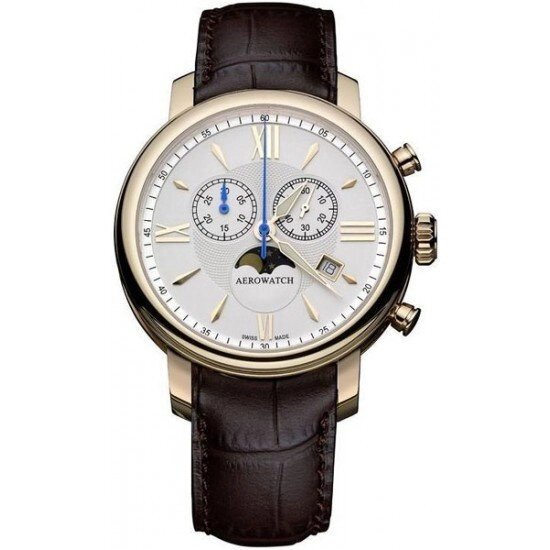Годинник-хронографія наручні чоловічі Aerowatch 84936 RO02 кварцові з PVD позолотою і коричневим шкіряним від компанії "Cronos" поза часом - фото 1