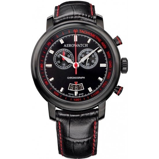 Годинник-хронографія наручні чоловічі Aerowatch 87936 NO01 кварцові з датою і тахиметром, чорний шкіряний від компанії "Cronos" поза часом - фото 1