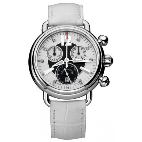 Годинник-хронографія наручні жіночі Aerowatch 82905 AA12 кварцові, з діамантами, білий шкіряний ремінець від компанії "Cronos" поза часом - фото 1