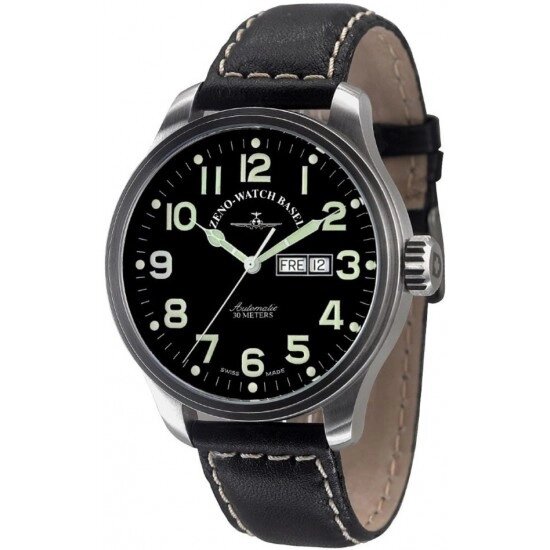 Годинники наручні чоловічі Zeno-Watch Basel XLarge, Auto, bk dial, Day-Date, black leather strap (8554DD-a1) від компанії "Cronos" поза часом - фото 1