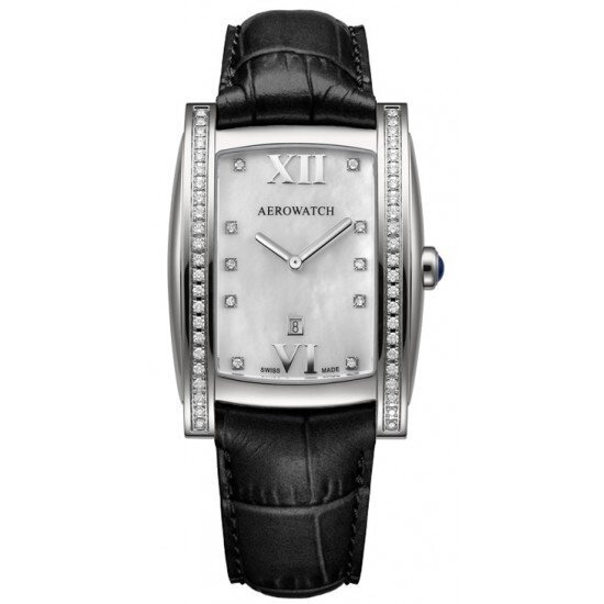 Годинники наручні жіночі Aerowatch 03952 AA01DIA кварцові з діамантами, "бочка", чорний шкіряний ремінець від компанії "Cronos" поза часом - фото 1