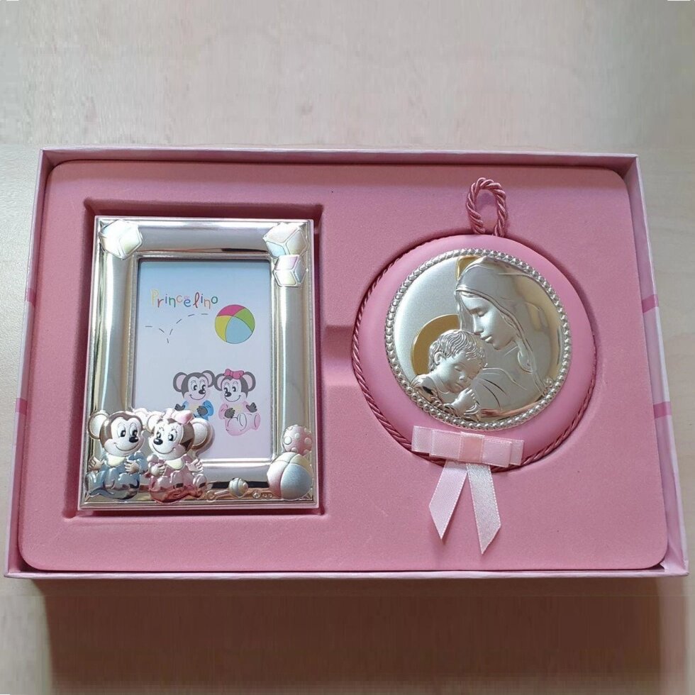 Набір дитячий срібний рамочка дві Мишки і ікона Богородиця з немовлям від компанії "Cronos" поза часом - фото 1