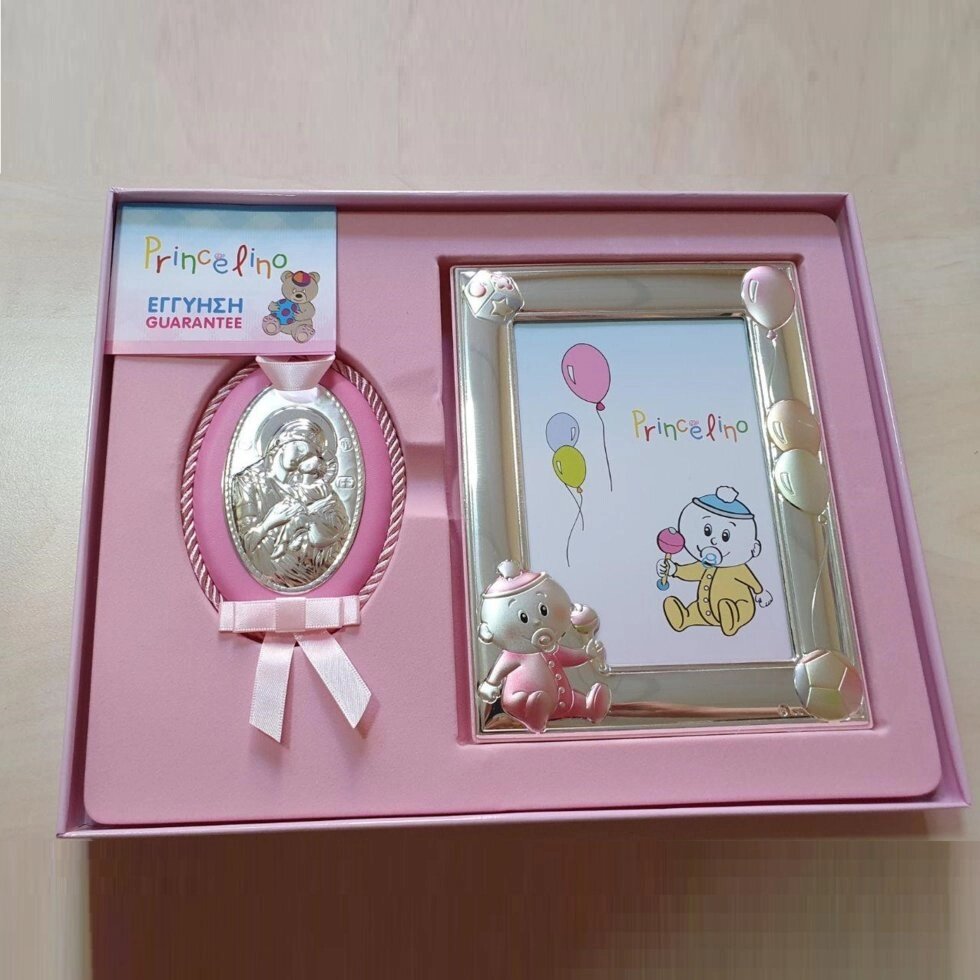 Набір дитячий срібний рамочка Пупсик і ікона Богородиця з немовлям 2R (60 х 90) від компанії "Cronos" поза часом - фото 1