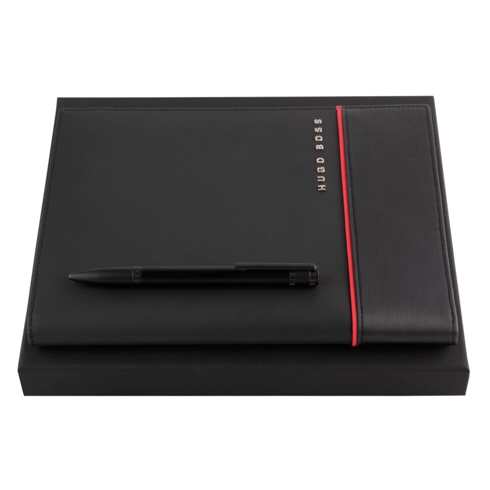Набір Hugo Boss HPBS003A: чорна кулькова ручка і папка A5 для конференцій з елегантною червоною смугою від компанії "Cronos" поза часом - фото 1