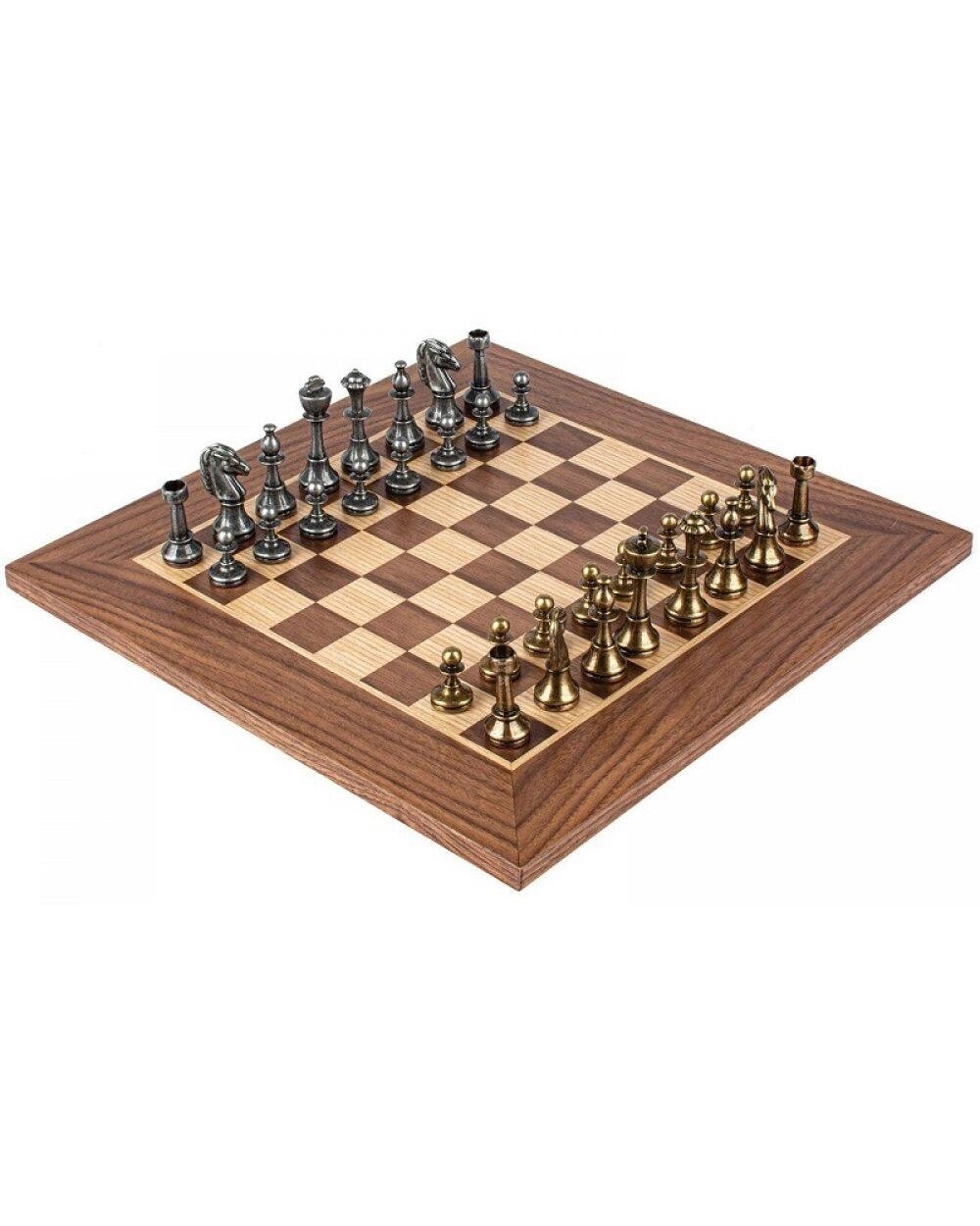 Набір шахів Manopoulos, дошка з горіха/дуба, 33 см - металеві шахові фігури Staunton, латунь та олово від компанії "Cronos" поза часом - фото 1