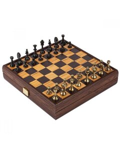 Набір шахів Manopoulos - металеві фігури Staunton та дошка з оливкового дерева/венге, 35 см