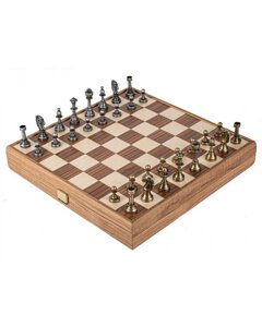 Набір шахів Manopoulos з металевими шаховими фігурами Staunton та шахівницею з горіха/дуба 35 см