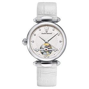 Часы наручные женские Claude Bernard 85022 3 APN, автоматика с отрытым балансом, белый кожаный ремешок