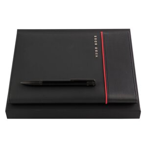 Набір Hugo Boss HPBS003A: чорна кулькова ручка і папка A5 для конференцій з елегантною червоною смугою