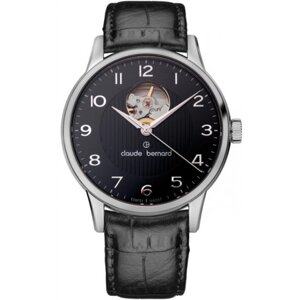 Годинники наручні чоловічі Claude Bernard 85017 3 NBN сріблясто-чорні, автоматика з відкритим серцем