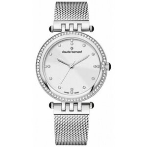 Часы наручные женские Claude Bernard 20085 3M NAPN на браслете, кварц, кристаллы Swarovski на белом циферблате