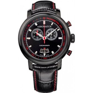 Годинник-хронографія наручні чоловічі Aerowatch 87936 NO01 кварцові з датою і тахиметром, чорний шкіряний