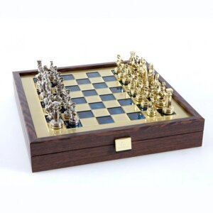 Шахи Manopoulos греко-римські із золотими та срібними шаховими фігурами / синя шахова дошка на дерев'яній коробці 27 см