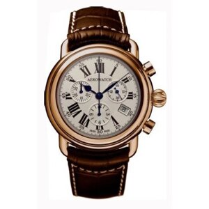 Годинник-хронографія наручні чоловічі Aerowatch 83926 RO01 кварцові, з датою, рожева позолота PVD, шкіряний