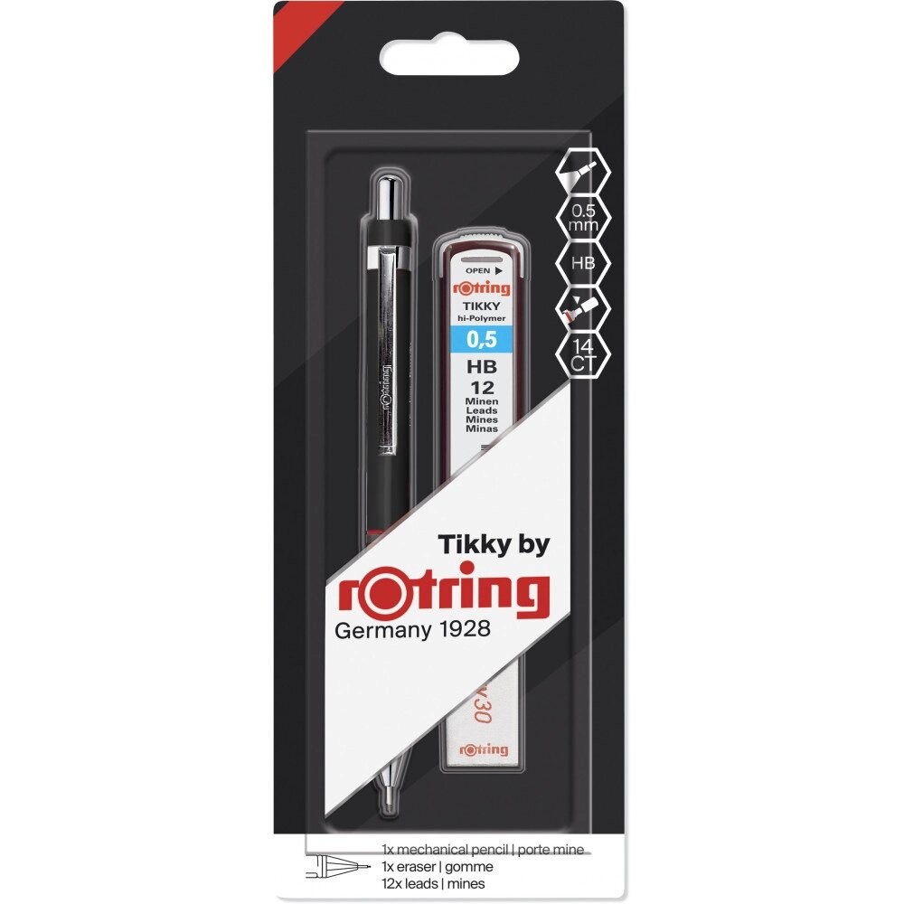 Подарунковий набір Rotring TIKKY Black PCL 0,5 + Грифелі 0,5 мм НВ (12) + Гумка Tikky 30 блістер R1904817 від компанії "Cronos" поза часом - фото 1