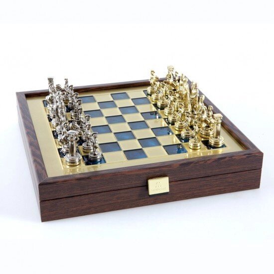 Шахи Manopoulos греко-римські із золотими та срібними шаховими фігурами / синя шахова дошка на дерев'яній коробці 27 см  від компанії "Cronos" поза часом - фото 1