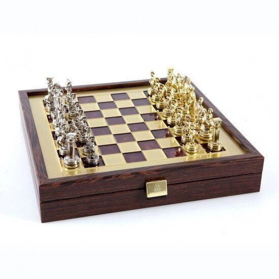 Шахи Manopoulos "Греко-римський період" із золотими та срібними шаховими фігурами / червона шахівниця на дерев'яній від компанії "Cronos" поза часом - фото 1