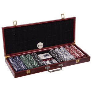 Набір для покеру в дерев'яному кейсі IG-6645 на 500 фішок номіналом (2 кол. карт,5куб)