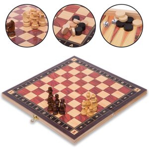 Шахи, шашки, нарди 3 в 1 дерев'яні з магнітом ZC034A (фігури-дерево, р-р дошки 34см x 34см)
