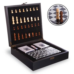 Шахи, доміно, карти 3 в 1 набір настільних ігор дерев'яні W2650 (р-р дошки 24см x 24см х 7см, кольори в