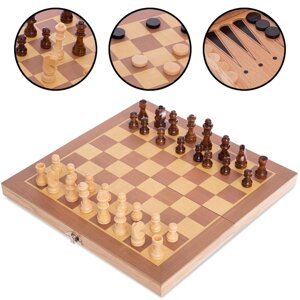 Шахи, шашки, нарди 3 в 1 дерев'яні W3015 (фігури-дерево, р-р дошки 30см х 30см)