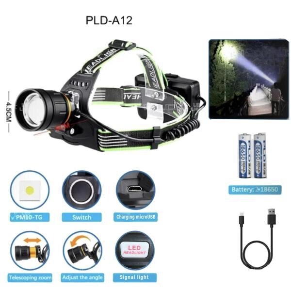 Ліхтар налобний PLD-A12-TG, 2x18650, zoom, ЗП microUSB, Box від компанії експерт - фото 1