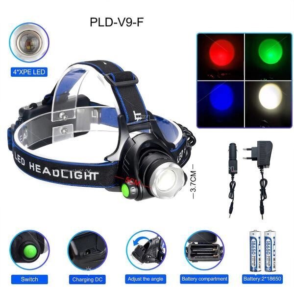 Ліхтар налобний PLD-V9-F-4XPE (RGB), 2x18650, ЗУ 220V/12V, zoom, Box від компанії експерт - фото 1
