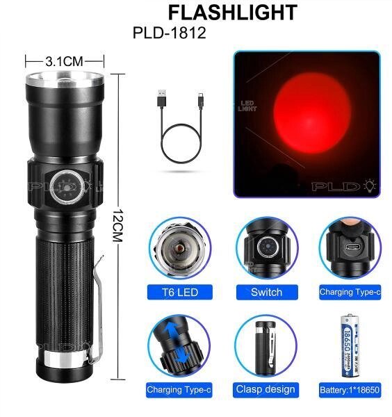 Ліхтар PLD-1812-T6 (red), 1x18650, індикація заряду, ЗУ Type-C, zoom, Box від компанії експерт - фото 1