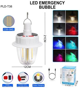 Світлодіодна LED лампа з акумулятором T38-COB+SMD (RGB), 2x18650, сонячна батарея, гачок, ЗУ Type-C