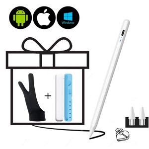 Універсальний стілус для планшета, мобільного телефону iOS/Android/Windows+Кейс блакитний+2 наконечника+рукавичка Білий