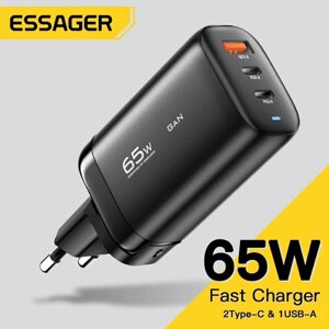Зарядний пристрій Essager 65W GaN USB Type C швидкого заряджання (2C+U) Black