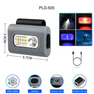 Ліхтар налобний 505-XPE+8SMD (white+red+blue), Li-Ion акумулятор, ЗУ Type-C, кліпса на магніті