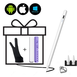 Універсальний стілус для планшета, мобільного телефону iOS/Android/Windows+Кейс бузковий+2 наконечника+рукавичка Білий