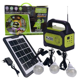 Комплект на сонячних батареях GDPlus GD-8073, FM, SW, AM - радіо, USB, ліхтарики, Power Bank, 3 світлодіодні лампи