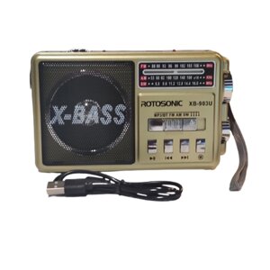 Радіоприймач Rotosonic XB-903U Superbass AM/FM/SW з акумулятором, Bluetooth, Зчитувач MP3-TF/USB, Ліхтар Gold