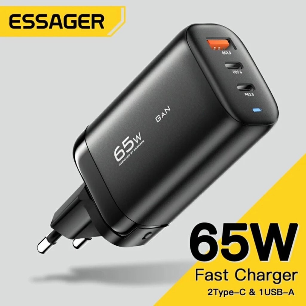 Зарядний пристрій Essager 65W GaN USB Type C швидкого заряджання (2C+U) Black від компанії експерт - фото 1