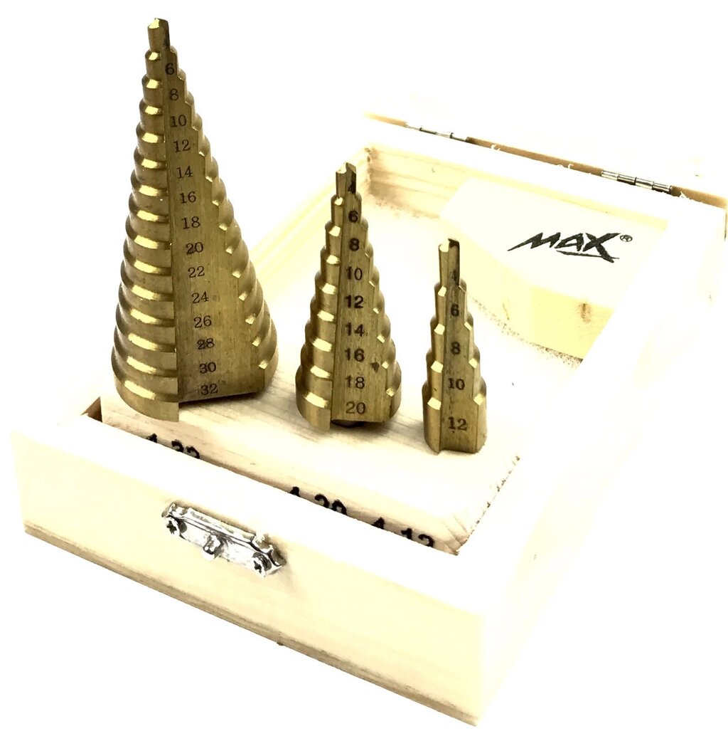 Набір ступінчастих свердел MAX від 4 до 32 мм 4-32 4-20 4-12 в стильному дерев'яному ящику від компанії Зола - фото 1