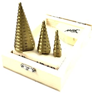 Набір ступінчастих свердел MAX від 4 до 32 мм 4-32 4-20 4-12 в стильному дерев'яному ящику