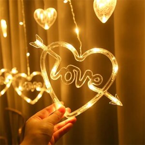 Гірлянда Штора Серце Love з Сердечками Тепле світло | Романтичне світлодіодне Освітлення