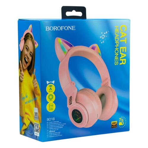 Бездротові навушники з вушками, що світяться, дитячі рожеві Borofone, дитячі Bluetooth навушники для дівчинки