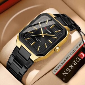 Годинник чоловічий чорний прямокутний Curren, наручний кварцовий чоловічий годинник на браслеті для чоловіків
