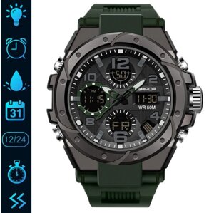 Годинник чоловічий Sanda 6008 протиударний і водонепроникний наручний годинник зелений з функцією підсвічування